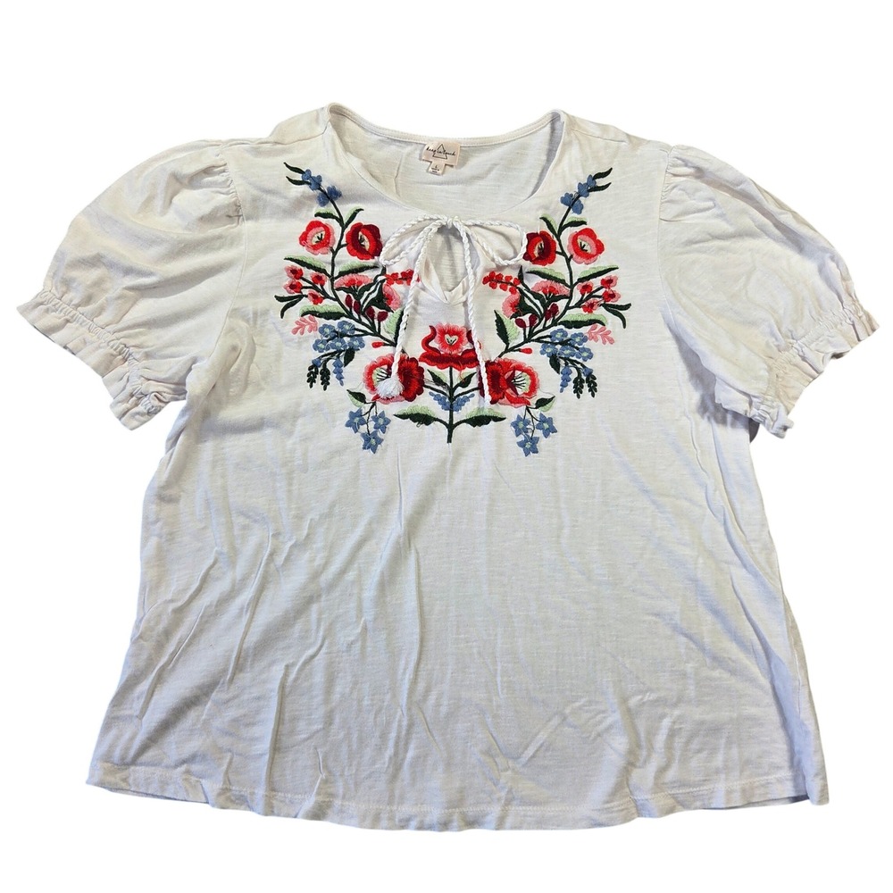 Keep In Touch White Floral Embroidered Puff Sleeve Cotton Top Large Keyhole Tie